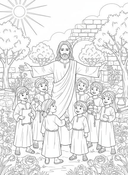 Jezus z otwartymi ramionami, kolorowanka z sercem Jezusa dla dzieci w katechezie w wieku 5-12 lat.