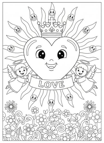 Symbole du Sacré-Cœur avec couronne, page à colorier du Sacré-Cœur pour enfants de 5 à 10 ans