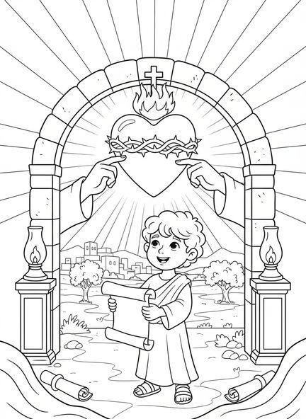 Enfant tenant un rouleau, page à colorier du symbole du Sacré-Cœur pour les enfants de l'École du dimanche âgés de 5 à 12 ans.