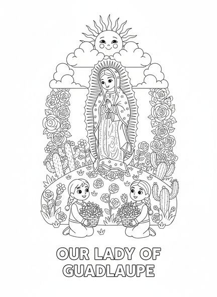 Nossa Senhora de Guadalupe cercada por flores, página para colorir de Nossa Senhora de Guadalupe para crianças de 5 a 10 anos.