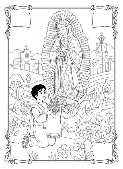 Nossa Senhora de Guadalupe, página para colorir de Nossa Senhora de Guadalupe para crianças da Escola Dominical de 5 a 12 anos