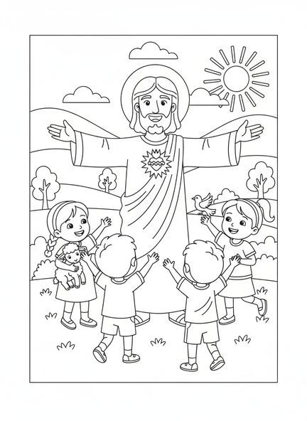 Jesus com coração radiante, página de colorir do Sagrado Coração de Jesus para crianças de 5 a 10 anos.