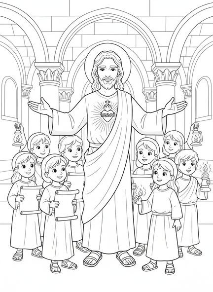 Jesus com o Sagrado Coração, página de colorir do Sagrado Coração de Jesus para crianças da Escola Dominical de 5 a 12 anos.