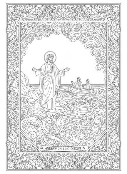 Saint André au bord du lac de Galilée, page à colorier Saint André pour le journal biblique pour adultes