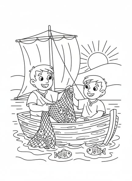 Saint André dans un bateau de pêche, page à colorier Saint André pour les enfants de 5 à 10 ans