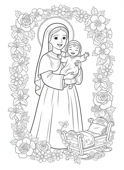 Sainte Anne tenant le bébé Marie, page à colorier Sainte Anne pour enfants de 5 à 10 ans