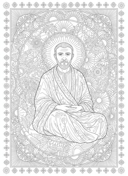 Saint Antoine en méditation, page à colorier Saint Antoine d'Égypte pour adultes dans le style du journal biblique