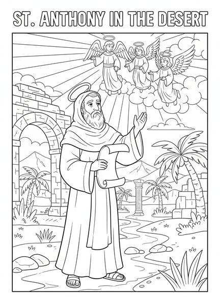 Der heilige Antonius in der Wüste, Ausmalbild für Kinder im Religionsunterricht im Alter von 5-12 Jahren.
