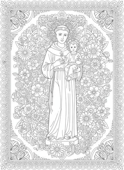 Estatua de San Antonio, página para colorear de San Antonio de Padua en estilo de journaling bíblico para adultos.