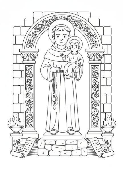 Statue de Saint Antoine, page à colorier de Saint Antoine de Padoue pour les enfants de l'École du dimanche âgés de 5 à 12 ans.