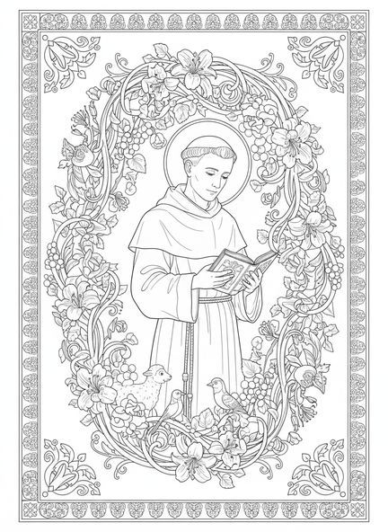 Der heilige Antonius predigt, Ausmalbild von St. Antonius von Padua im Stil des Bibel-Journalings für Erwachsene.