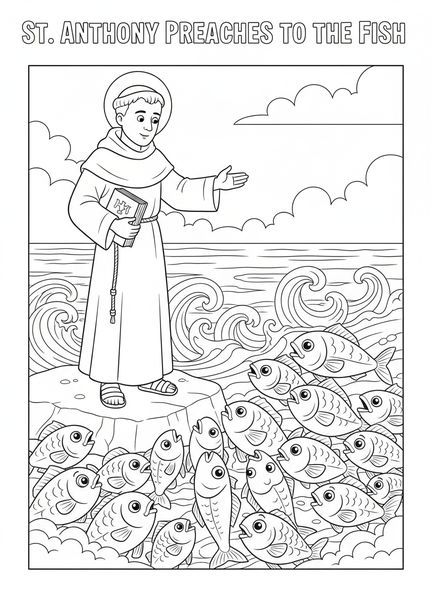 Der heilige Antonius predigt, Ausmalbild von St. Antonius von Padua für Kinder im Alter von 5-10 Jahren