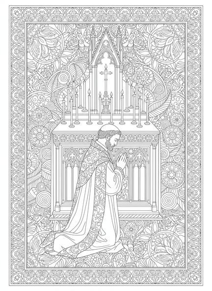 Der heilige Augustinus im Gebet, Ausmalbild des heiligen Augustinus für Erwachsene im Stil des Bibel-Journalings.