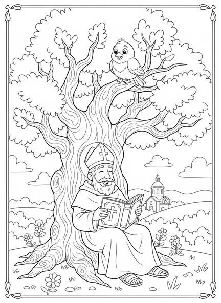 St. Augustinus beim Lesen, Ausmalbild von St. Augustinus für Kinder im Alter von 5-10 Jahren