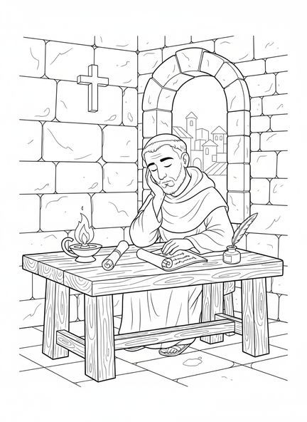 Saint Augustin écrivant à une table, page à colorier de Saint Augustin pour les enfants de catéchisme âgés de 5 à 12 ans