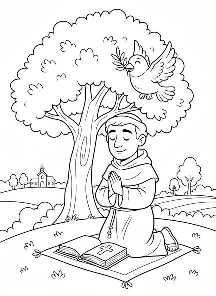 San Benito de rodillas, página para colorear de San Benito para niños de 5 a 10 años
