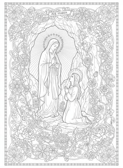 Dame radieuse apparaissant à Bernadette, page à colorier de Sainte Bernadette pour le journal biblique.