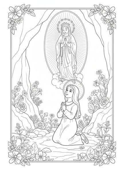 Sainte Bernadette à genoux, page à colorier de Sainte Bernadette pour les enfants de 5 à 10 ans