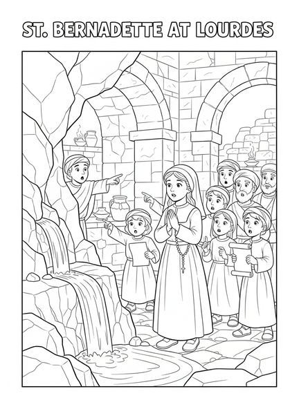 Sainte Bernadette à la source, page à colorier de Sainte Bernadette pour les enfants de l'École du dimanche âgés de 5 à 12 ans.