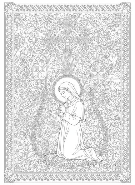Sainte Brigitte en prière, page à colorier Sainte Brigitte pour adultes dans le style du journal biblique