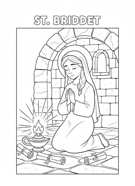 Sainte Brigitte à genoux, page à colorier Sainte Brigitte pour les enfants de l'École du dimanche âgés de 5 à 12 ans