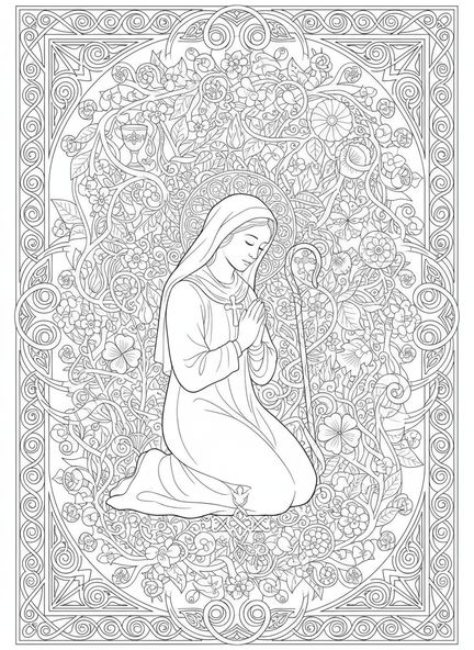 Sainte Brigitte en prière, page à colorier Sainte Brigitte de Kildare pour adultes dans un style de journal biblique.