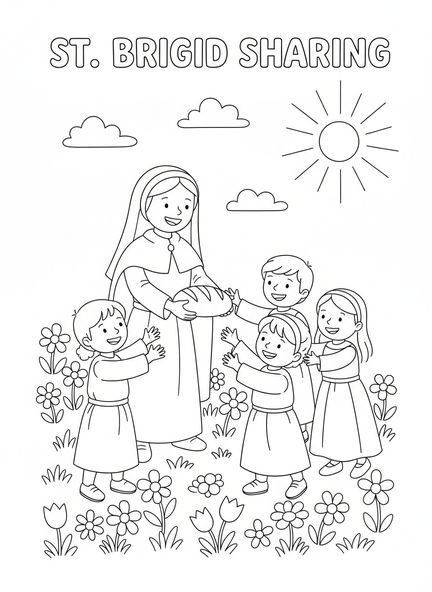 Sainte Brigitte donnant du pain, page à colorier Sainte Brigitte de Kildare pour les enfants de 5 à 10 ans
