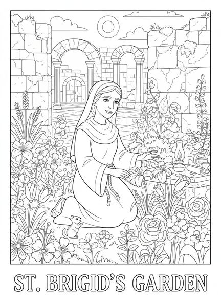 Santa Brígida cuidando de seu jardim, página para colorir de Santa Brígida de Kildare para crianças da Escola Dominical de 5 a 12 anos.