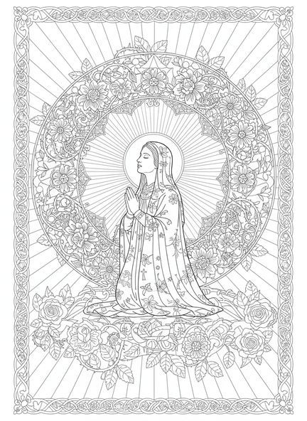 Santa Catarina orando, página de colorir de Santa Catarina de Siena no estilo de journaling bíblico para adultos
