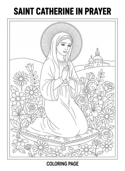 Sainte Catherine à genoux, page à colorier de Sainte Catherine de Sienne pour les enfants de 5 à 10 ans.