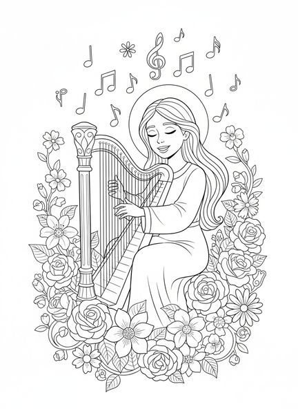 Santa Cecilia tocando el arpa, página para colorear de Santa Cecilia Música para niños de 5 a 10 años.