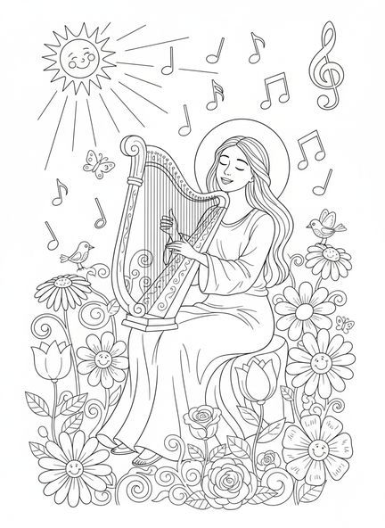 Cecilia tocando el arpa, página para colorear de Santa Cecilia para niños de 5 a 10 años.