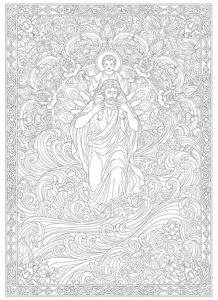 Der heilige Christophorus trägt das Christkind, Ausmalbild für Erwachsene im Stil des Bibel-Journalings.