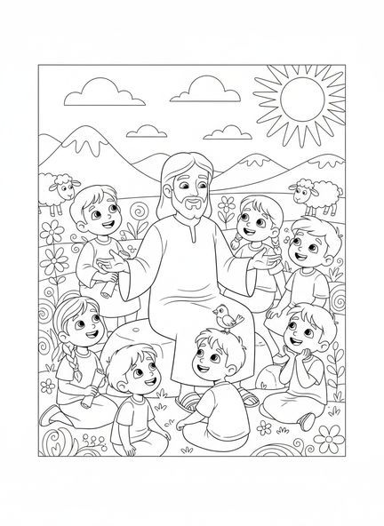 Jésus avec des enfants, page à colorier de Saint Christophe pour les enfants de 5 à 10 ans