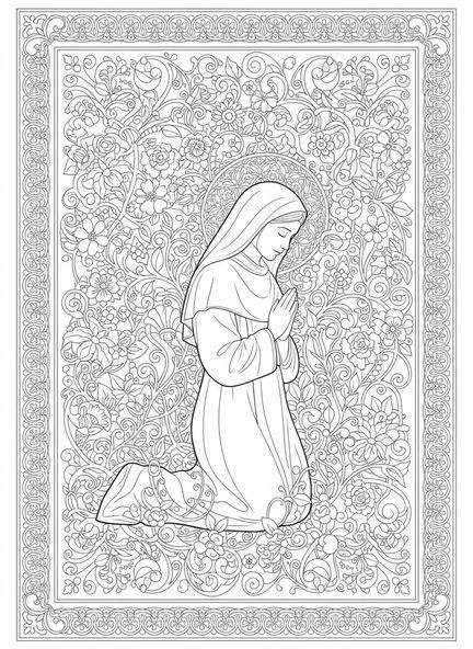 Santa Clara arrodillada en oración, página para colorear de Santa Clara estilo Biblia para adultos