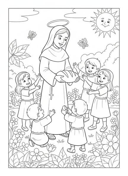 Sainte Claire partageant du pain, page à colorier Sainte Claire pour les enfants de 5 à 10 ans.