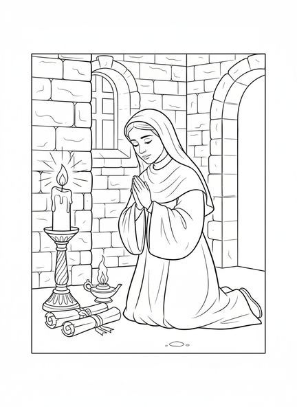 Sainte Claire à genoux en prière, page à colorier de Sainte Claire pour les enfants de l'École du dimanche âgés de 5 à 12 ans.