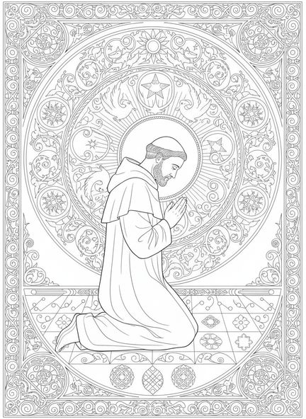 Saint Colombe en prière, page à colorier Saint Colombe pour adultes dans le style du journal biblique
