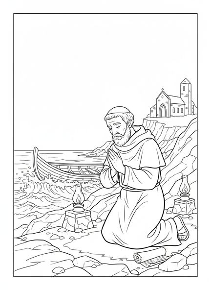 Saint Columba à genoux, page à colorier de Saint Columba pour les enfants de l'École du dimanche âgés de 5 à 12 ans