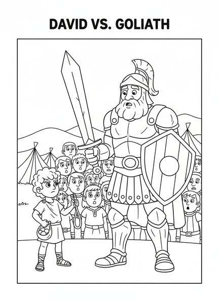 David face à Goliath, page à colorier de Saint David du Pays de Galles pour les enfants de 5 à 10 ans