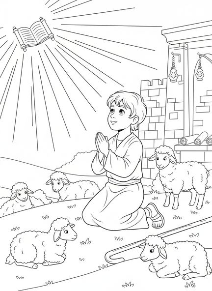 David en prière, page à colorier de Saint David du Pays de Galles pour les enfants de l'École du dimanche âgés de 5 à 12 ans.