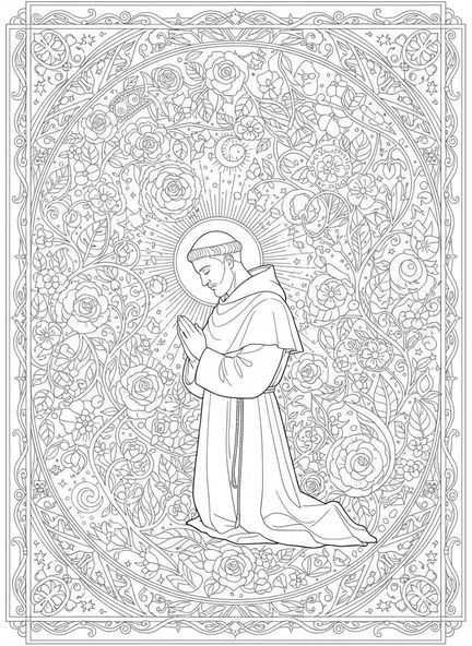 San Domingo orando, página para colorear de San Domingo para adultos en estilo de journaling bíblico