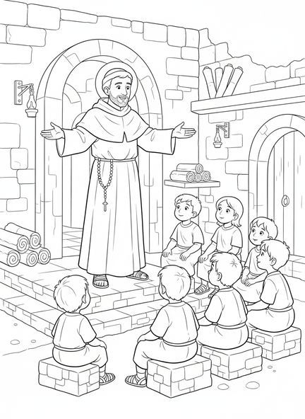 San Domingo predicando, página para colorear de San Domingo para niños de Escuela Dominical de 5 a 12 años