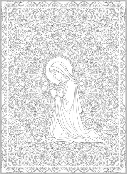 Sainte Dymphna à genoux en prière, page à colorier Sainte Dymphna pour adultes dans un style de journal biblique