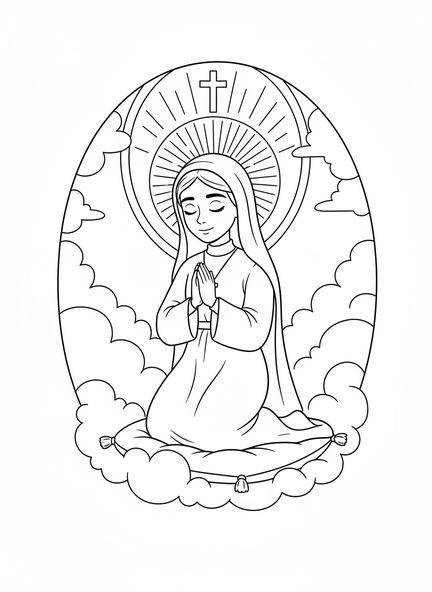 St. Dymphna kniet, Ausmalbild von St. Dymphna für Kinder im Alter von 5-10 Jahren