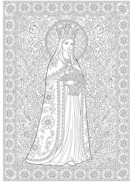 St. Elisabeth mit königlicher Krone, Ausmalbild von St. Elisabeth aus Ungarn im Stil des Bibeljournaling für Erwachsene