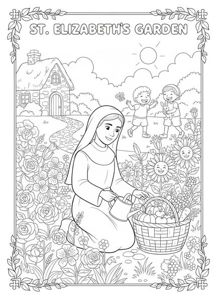 Hl. Elisabeth im Garten, Ausmalbild für Kinder im Alter von 5-10 Jahren