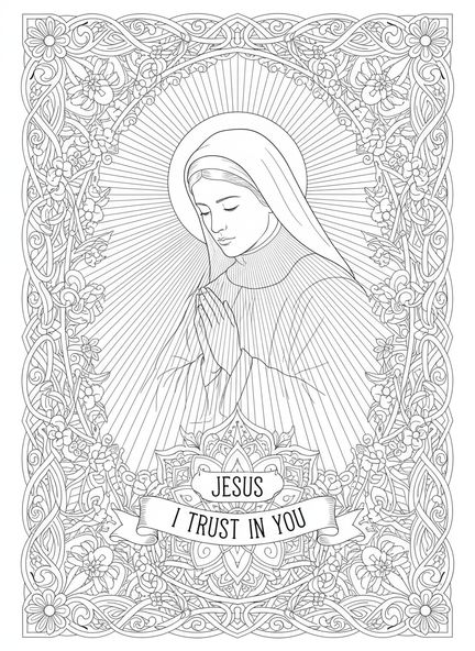 Heilige Faustina empfängt die Vision, Ausmalbild der Heiligen Faustina zur göttlichen Barmherzigkeit im Stil des Bibel-Journaling für Erwachsene