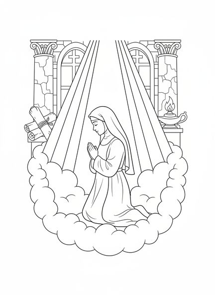 Santa Faustina orando, página para colorear de Santa Faustina y la Divina Misericordia para niños de Escuela Dominical de 5 a 12 años.