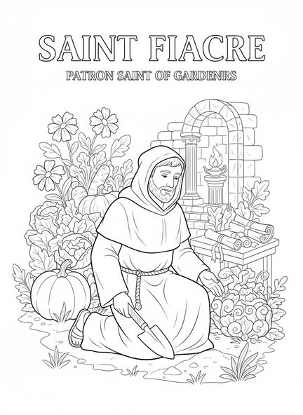 San Fiacro arrodillado con herramientas de jardinería, página para colorear de San Fiacro para niños de la Escuela Dominical de 5 a 12 años.